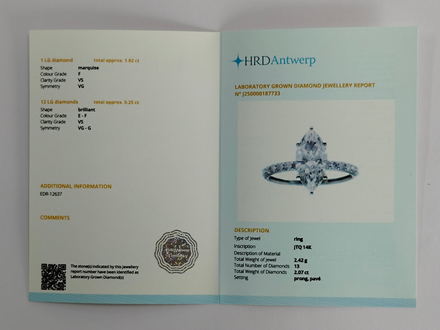 2.07 Carats Lab Grown Diamond 14K Gold Ring
