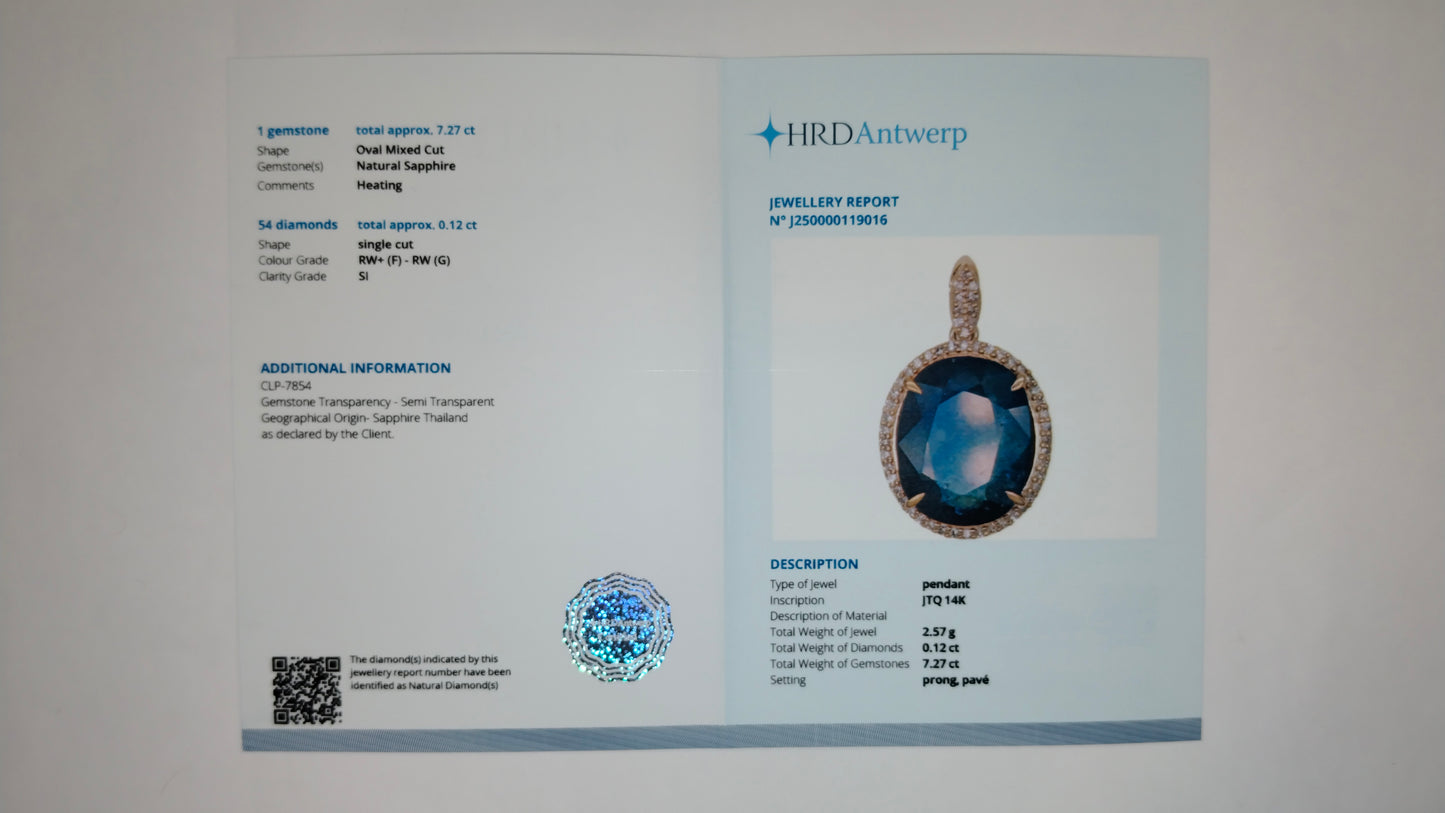 7.39 Ct Oval Mixed Cut Natural Sapphire 14K Gold Pendant