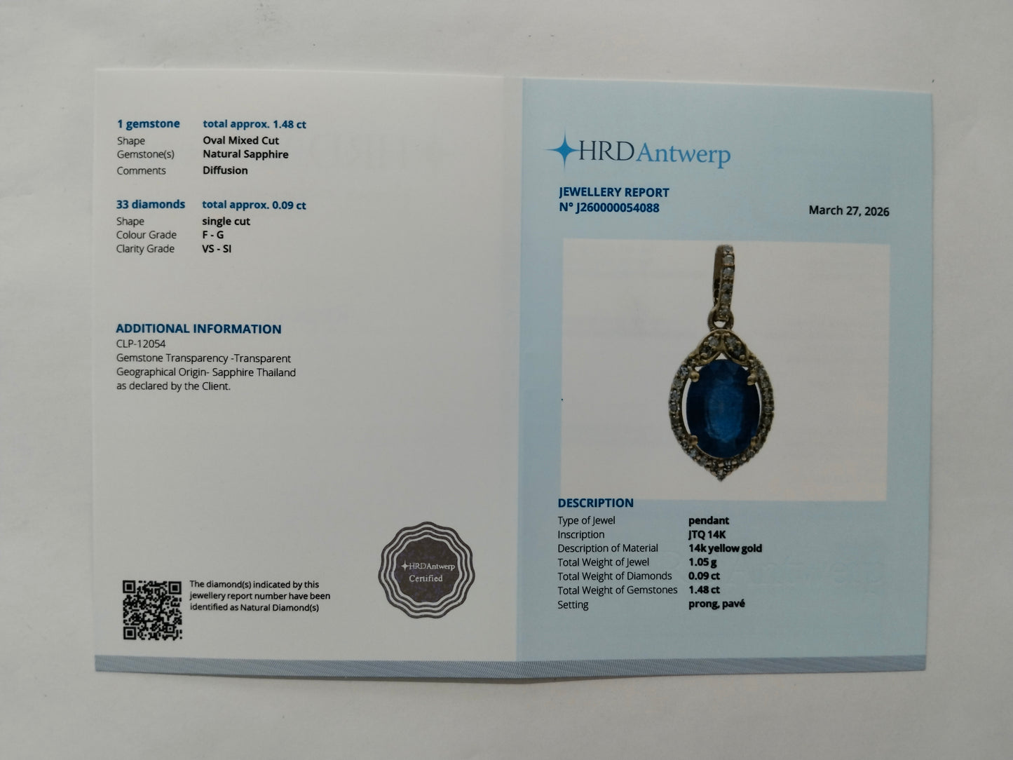 1.57 Ct Oval Mixed Cut Natural Sapphire 14K Gold Pendant