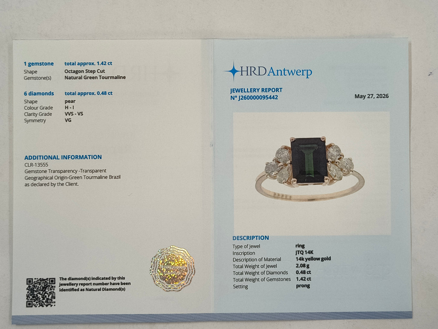 1.90 Ct Octagon Step Cut Natural Green Tourmaline 14K Gold Ring