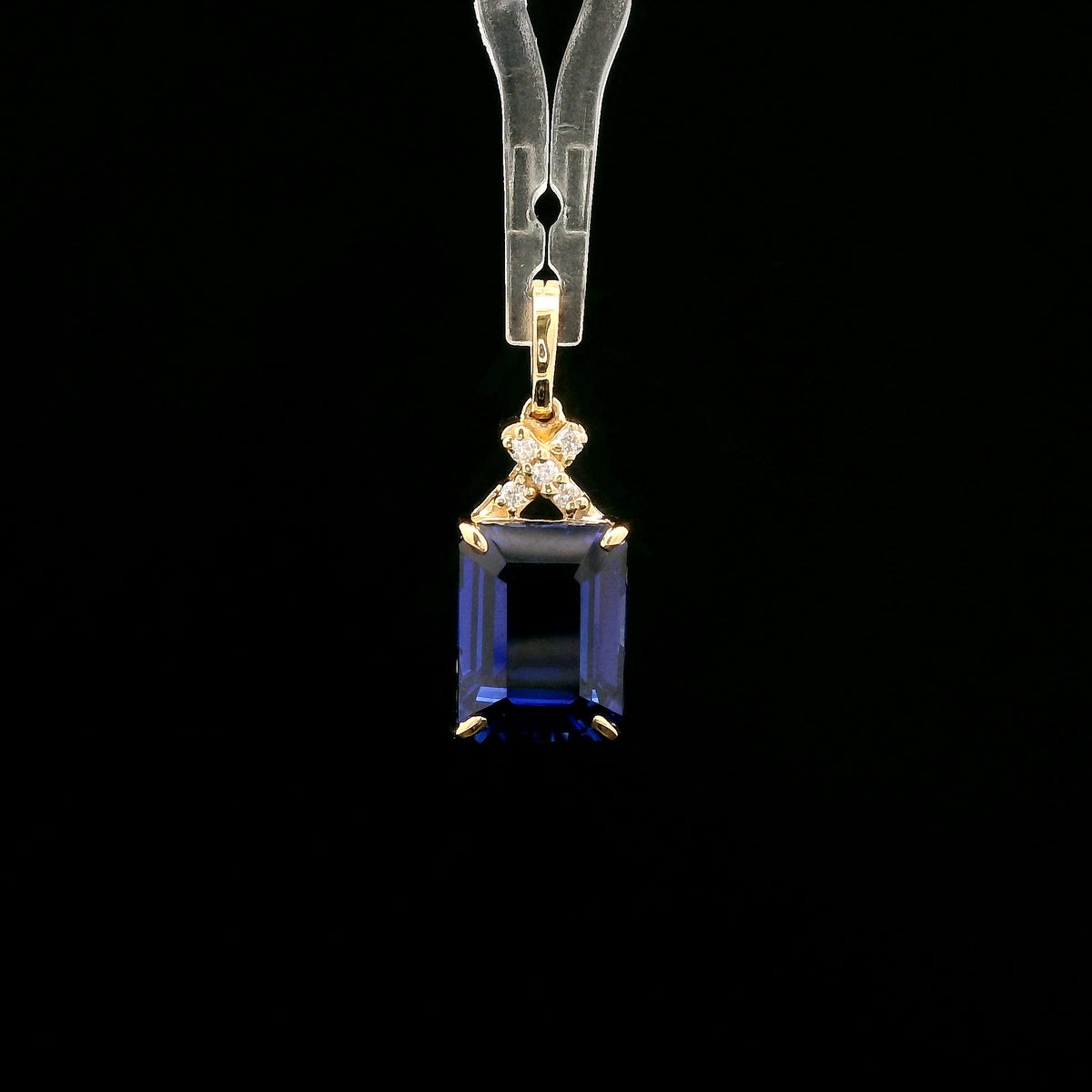 4.19 Ct Emerald Cut Lab Grown Sapphire 14K Gold Pendant