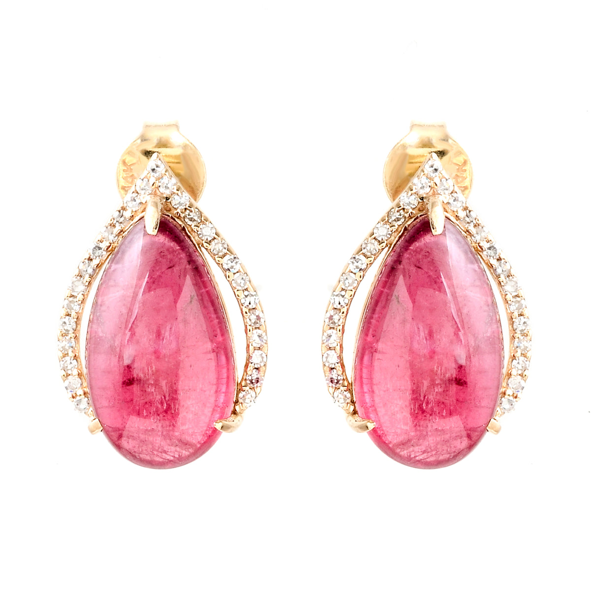 7.21 Ct Pear Cabochon Natural Tourmaline 14K Gold Earrings