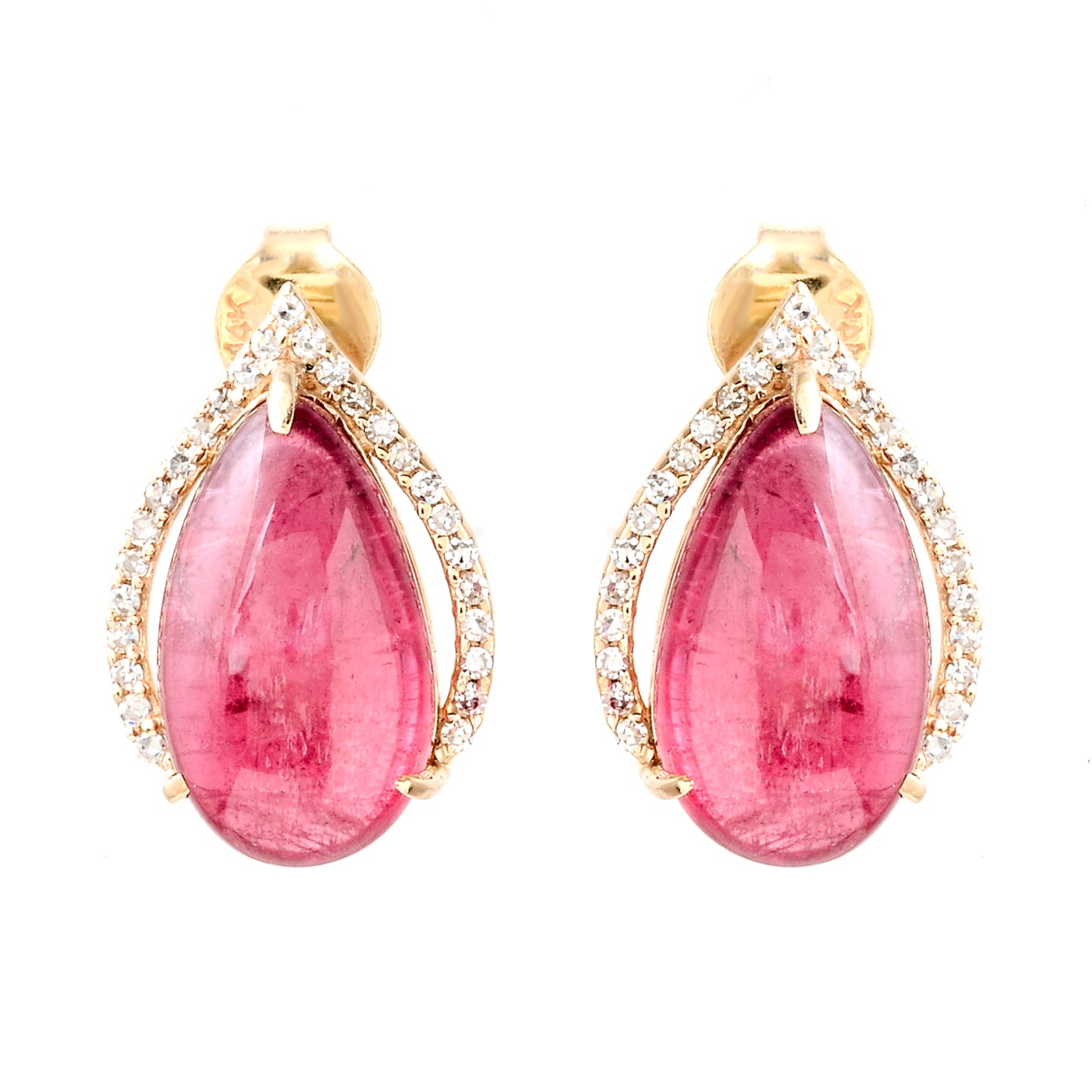7.21 Ct Pear Cabochon Natural Tourmaline 14K Gold Earrings