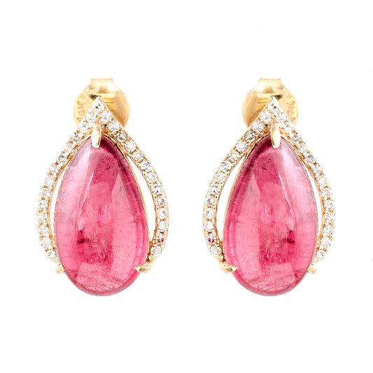 7.21 Ct Pear Cabochon Natural Tourmaline 14K Gold Earrings