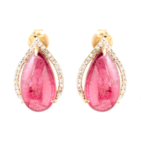 7.21 Ct Pear Cabochon Natural Tourmaline 14K Gold Earrings
