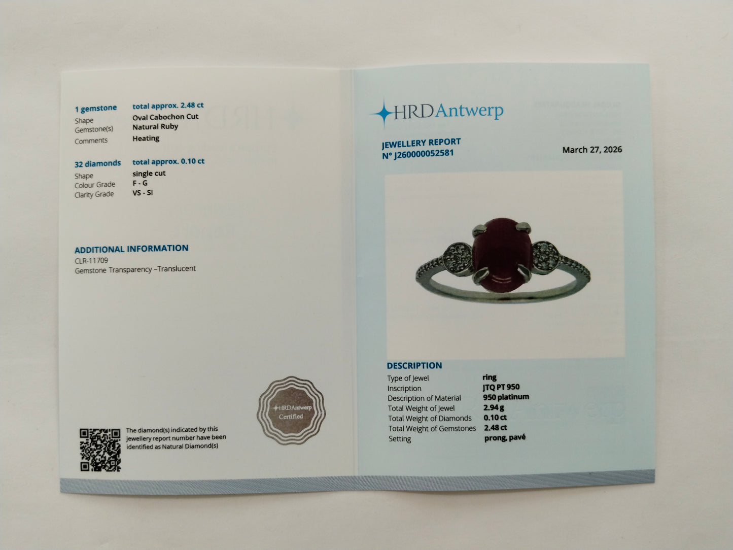 2.58 Ct Oval Cabochon Cut Natural Ruby 950 Platinum Ring