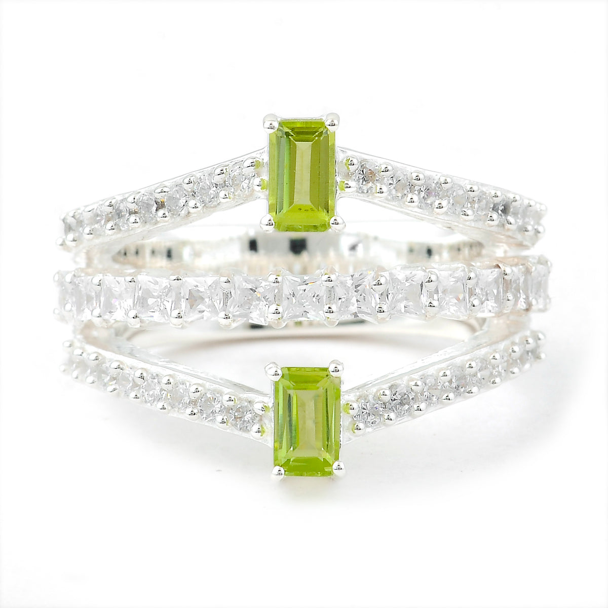 2.62 Ct Octagon Peridot, Cubic Zirconia 925 Sterling Silver Ring