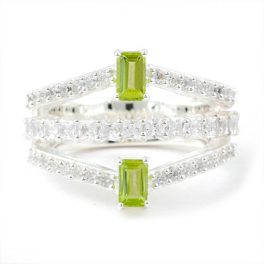 2.62 Ct Octagon Peridot, Cubic Zirconia 925 Sterling Silver Ring