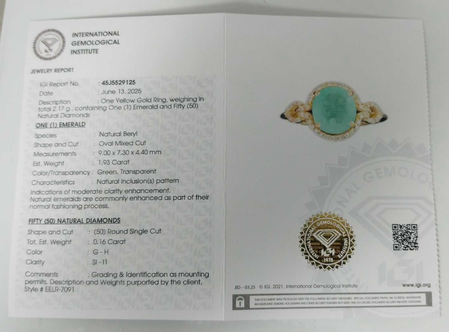 2.09 Ct Oval Mixed Cut Natural Beryl Emerald 14K Gold Ring