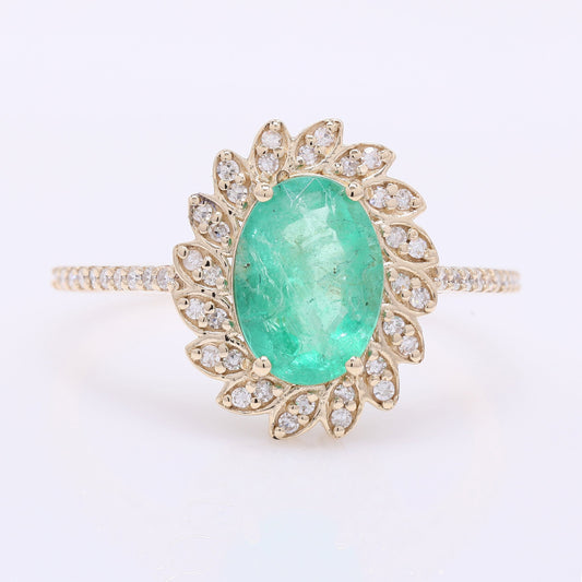 1.35 Ct Oval Mixed Cut Natural Emerald 14K Gold Ring