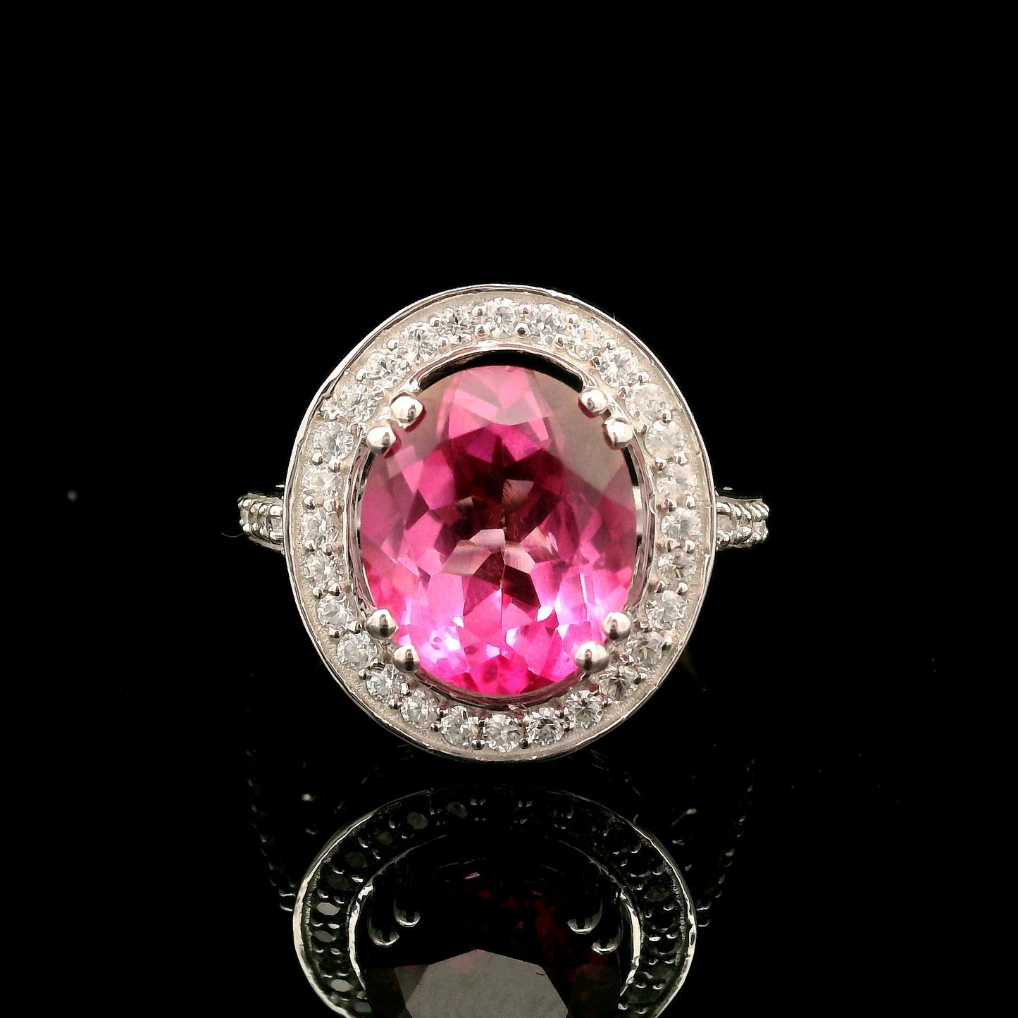 5.72 Ct Oval Pink Topaz, White Zircon 925 Sterling Silver Ring