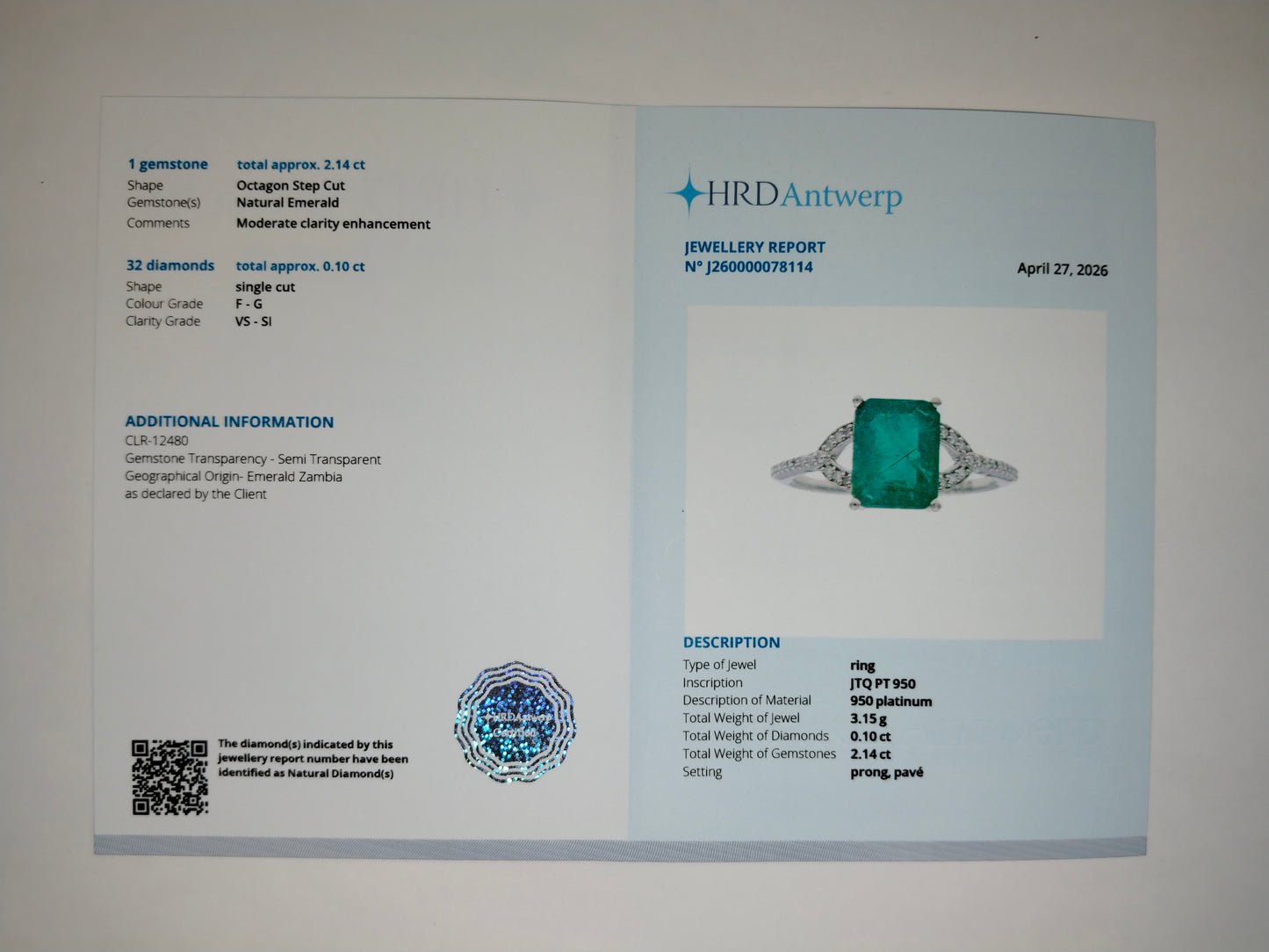 2.24 Ct Octagon Step Cut Natural Emerald 950 Platinum Ring