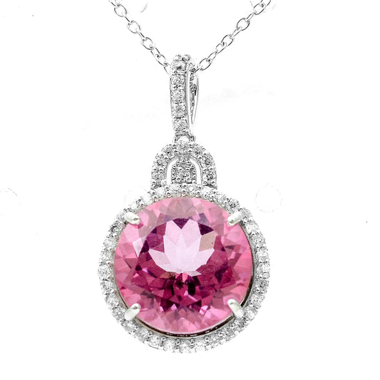 8.63 Ct Round Pink Topaz, White Zircon 925 Sterling Silver Pendant
