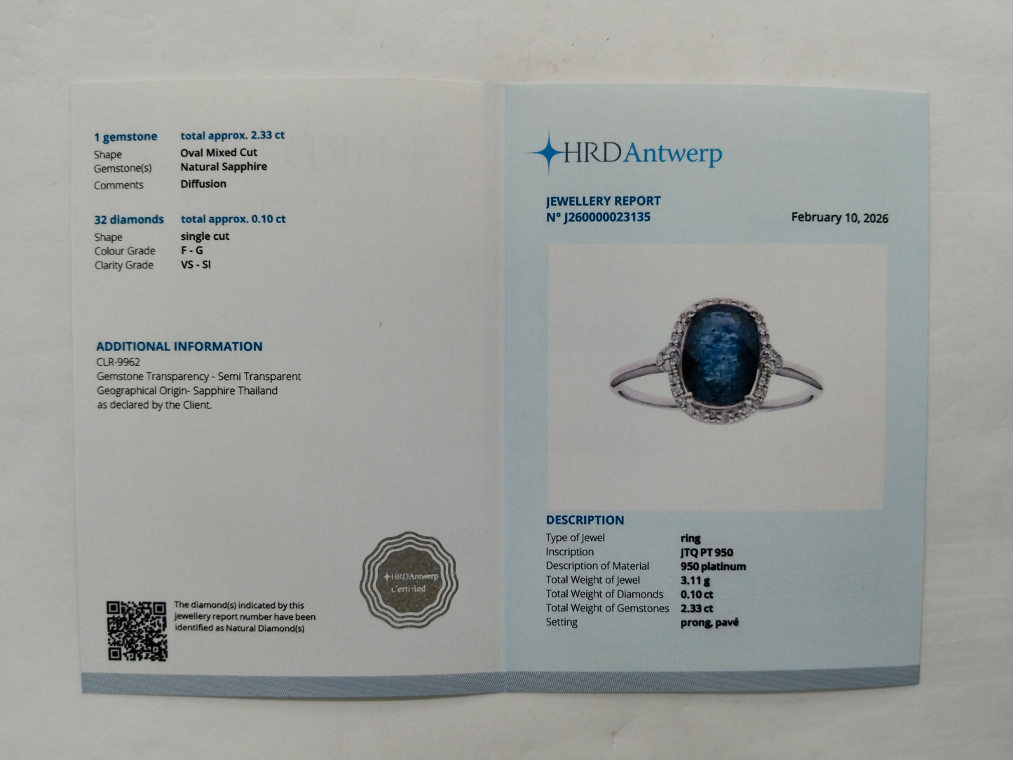 2.43 Ct Cushion Mixed Cut Natural Sapphire 950 Platinum Ring