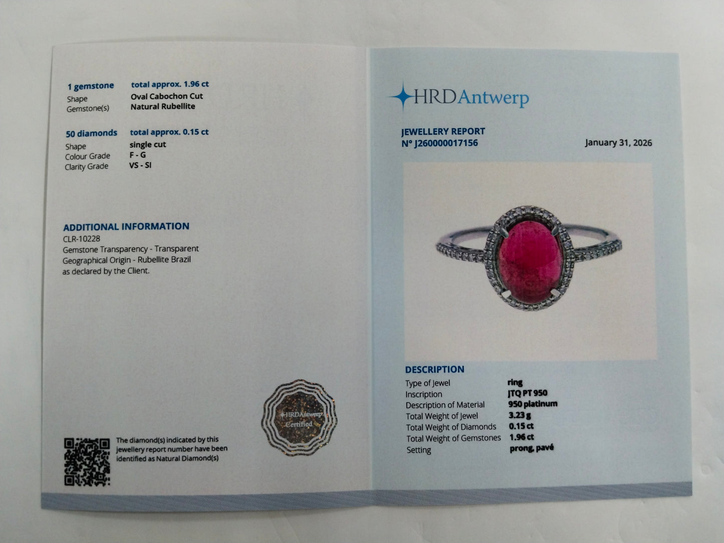 2.11 Ct Oval Cabochon Cut Natural Rubellite 950 Platinum Ring