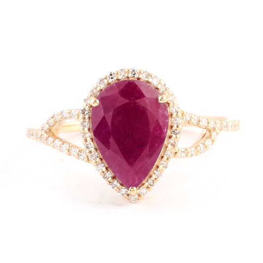 2.16 Ct Pear Mixed Cut Natural Corundum Ruby 14K Gold Ring