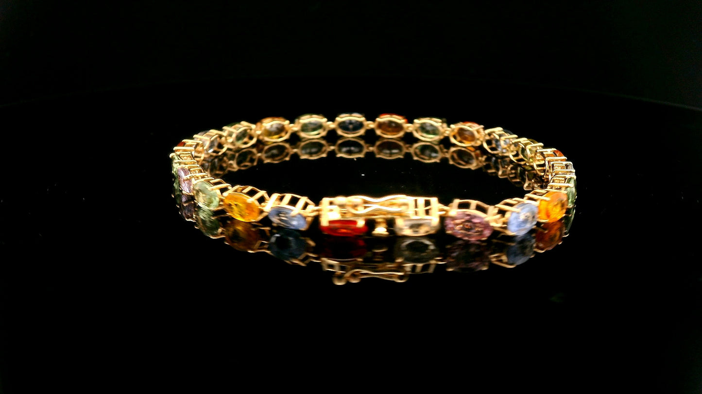 12.43 Ct Oval Multi Sapphire 14K Gold Bracelet