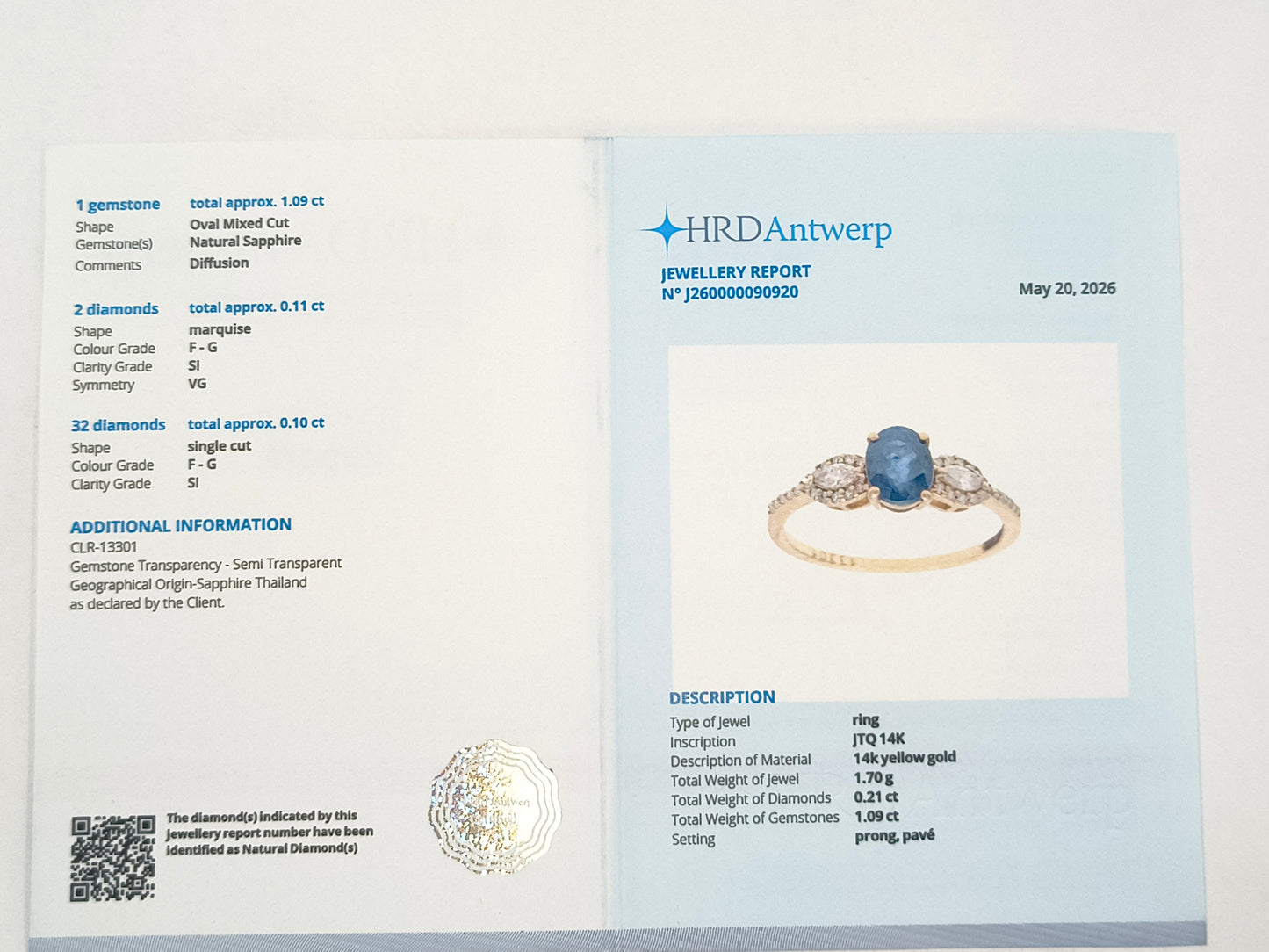 1.30 Ct Oval Sapphire 14K Gold Ring