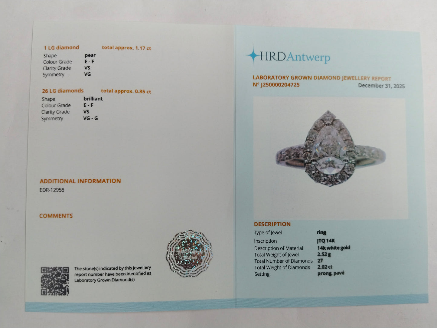 2.02 Carats Lab Grown Diamond 14K Gold Ring