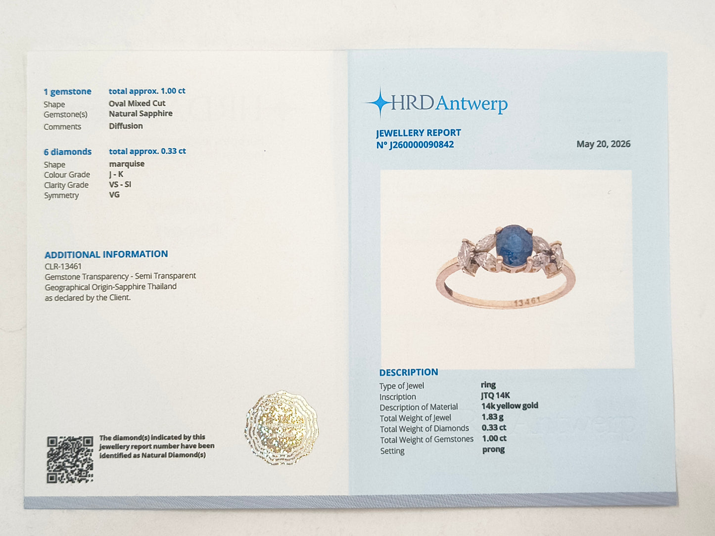 1.33 Ct Oval Sapphire 14K Gold Ring
