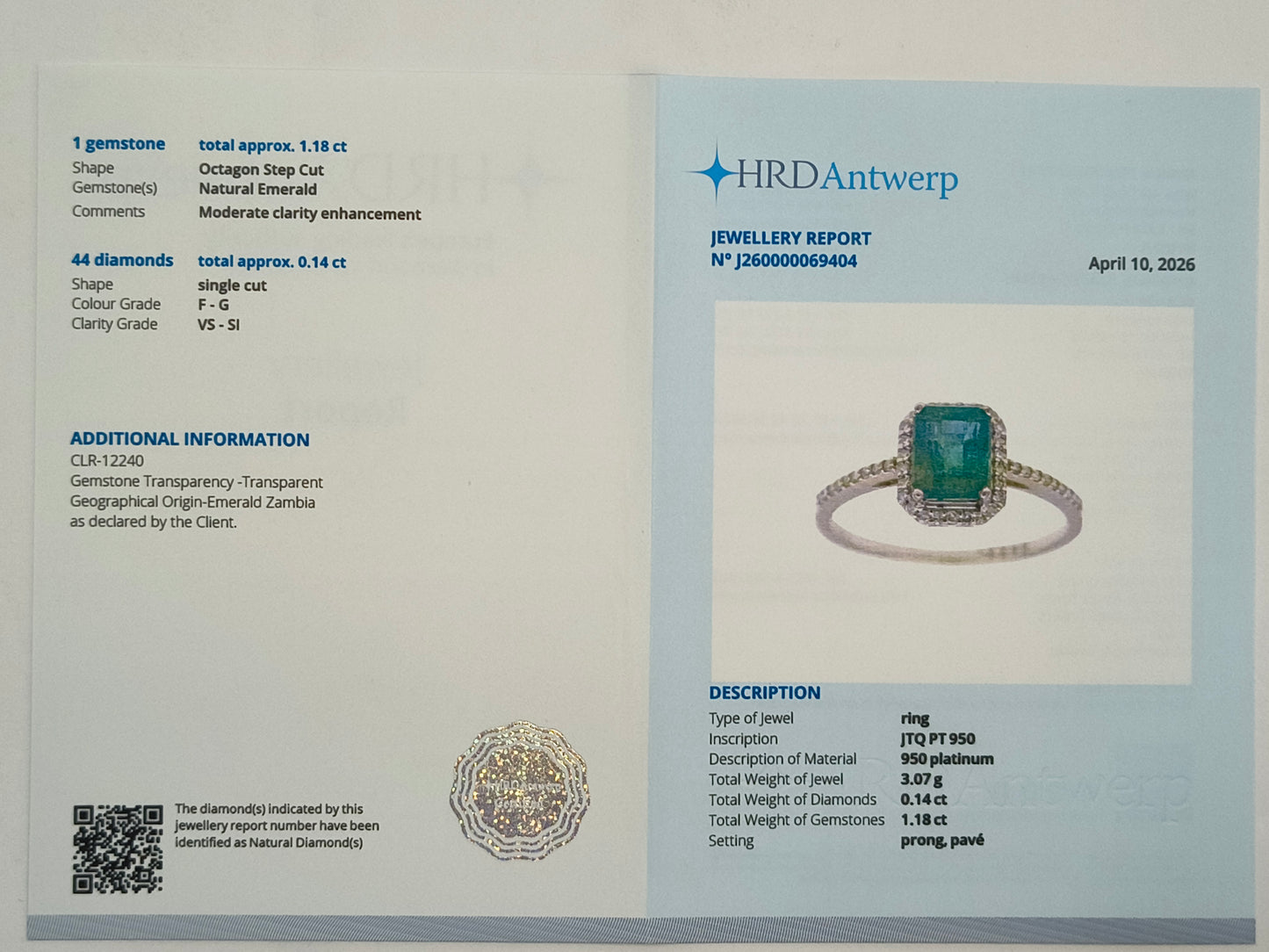 1.32 Ct Octagon Step Cut Natural Emerald 950 Platinum Ring
