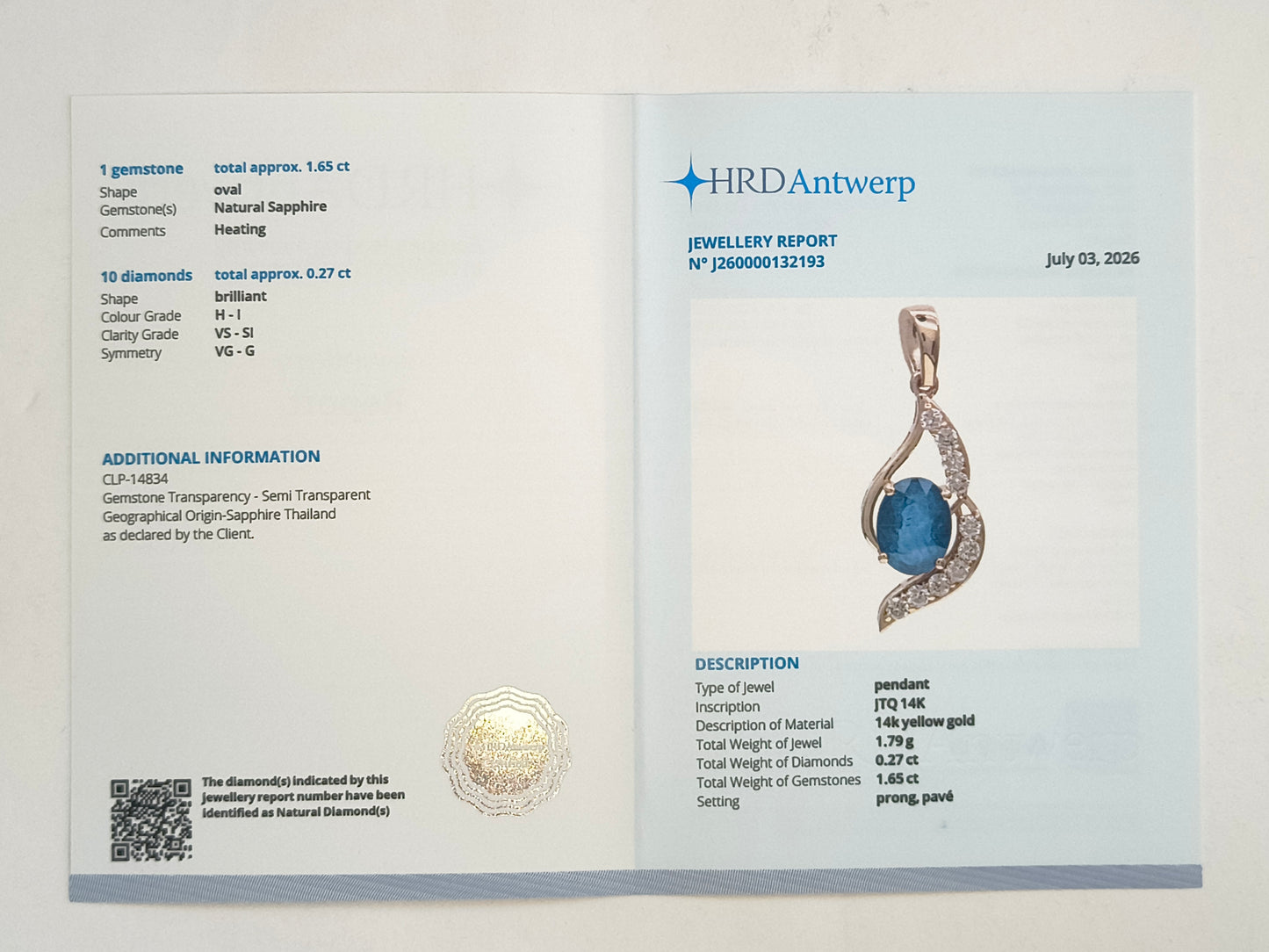 1.92 Ct Oval Natural Sapphire 14K Gold Pendant