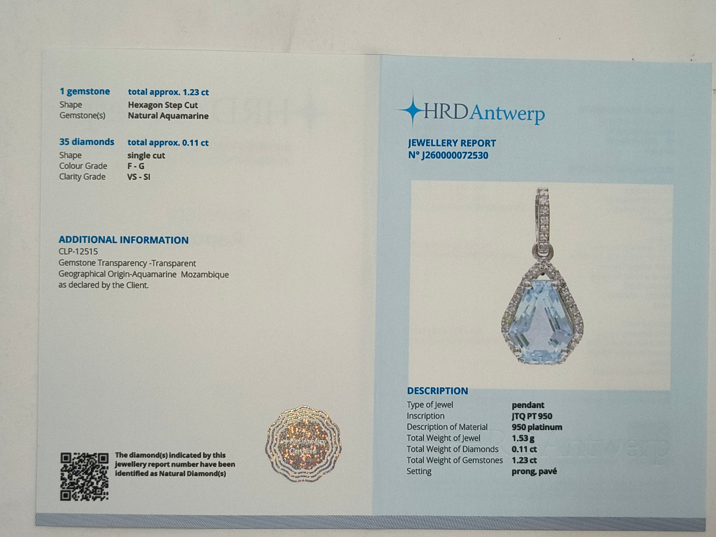 1.34 Ct Hexagon Step Cut Natural Aquamarine 950 Platinum Pendant