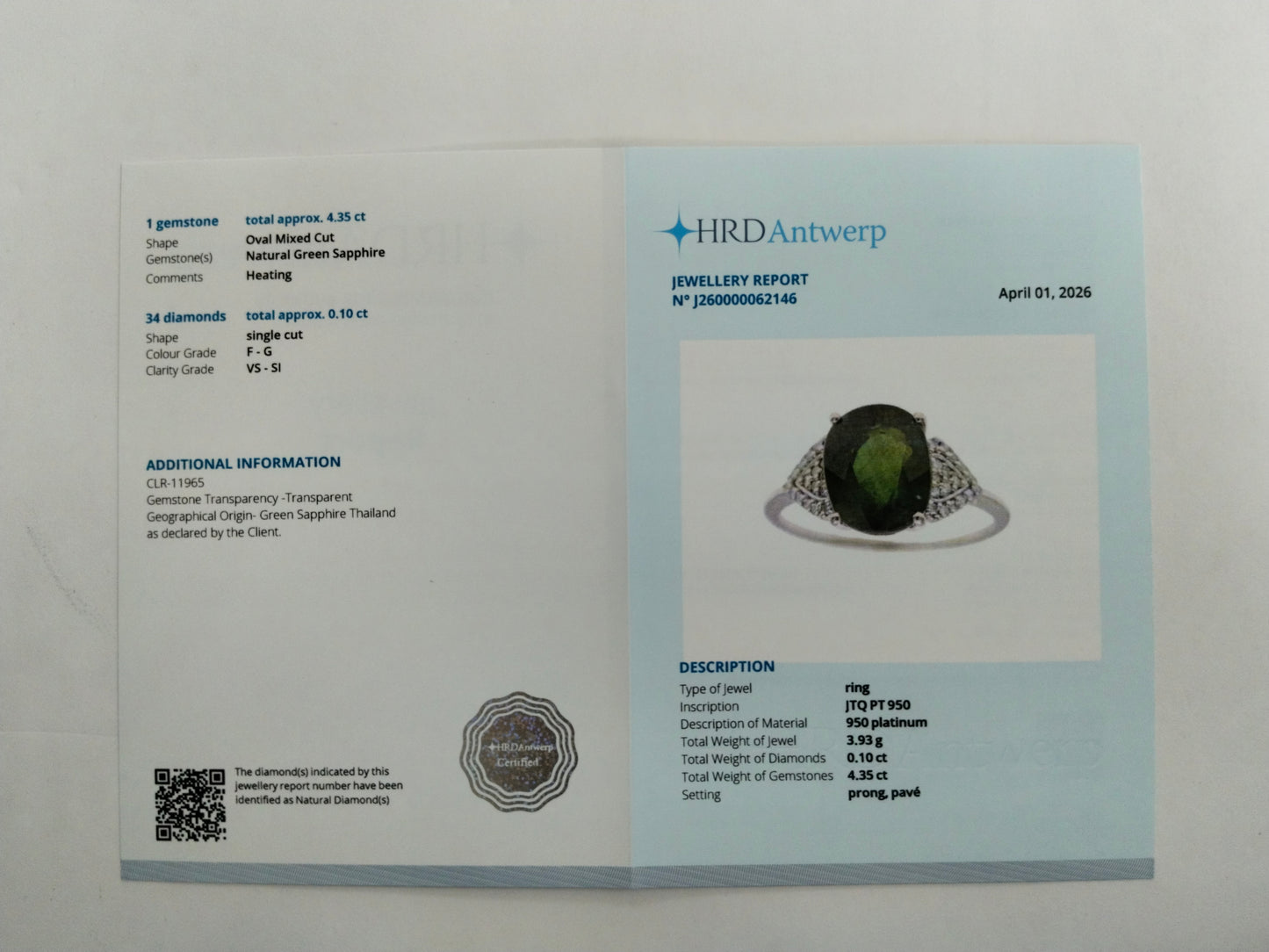 4.45 Ct Oval Mixed Cut Natural Green Sapphire 950 Platinum Ring