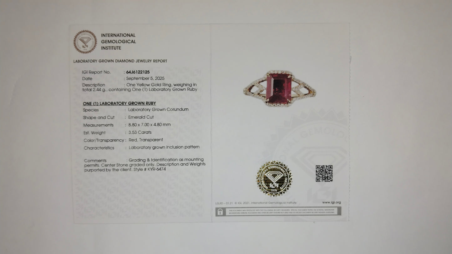 3.79 Ct Emerald Cut Lab Grown Ruby 14K Gold Ring