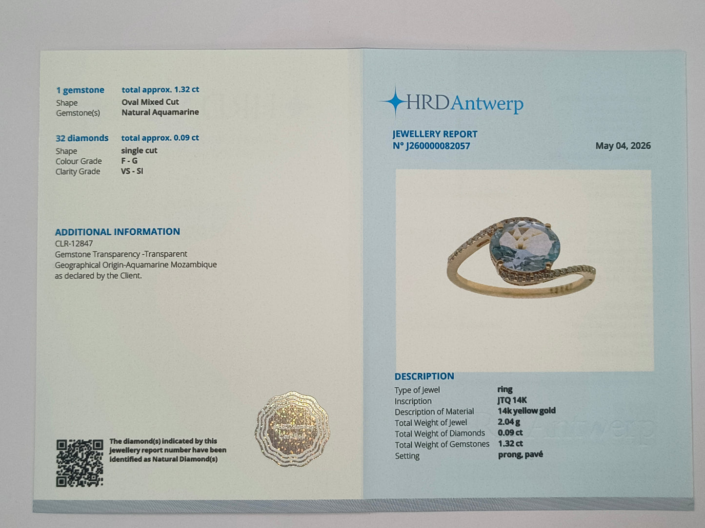 1.41 Ct Oval Mixed Cut Natural Aquamarine 14K Gold Ring