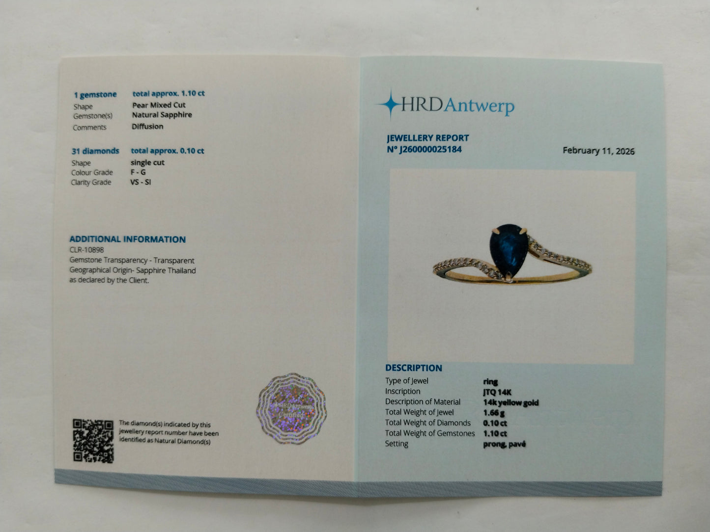1.20 Ct Pear Mixed Cut Natural Sapphire 14K Gold Ring
