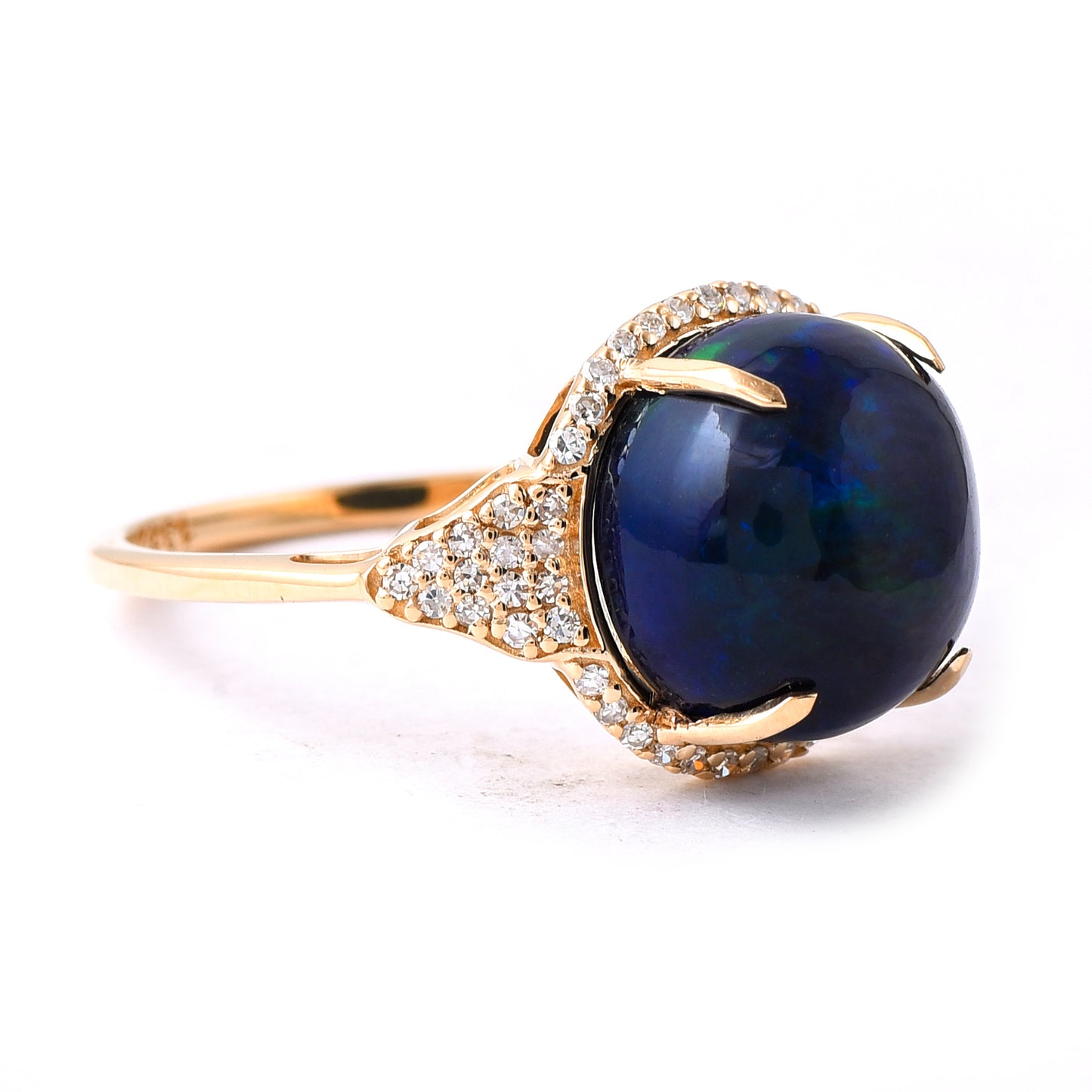 4.11 Ct Round Cabochon Cut Natural Black Opal 14K Gold Ring
