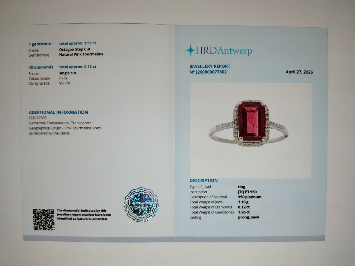 2.08 Ct Octagon Step Cut Natural Pink Tourmaline 950 Platinum Ring