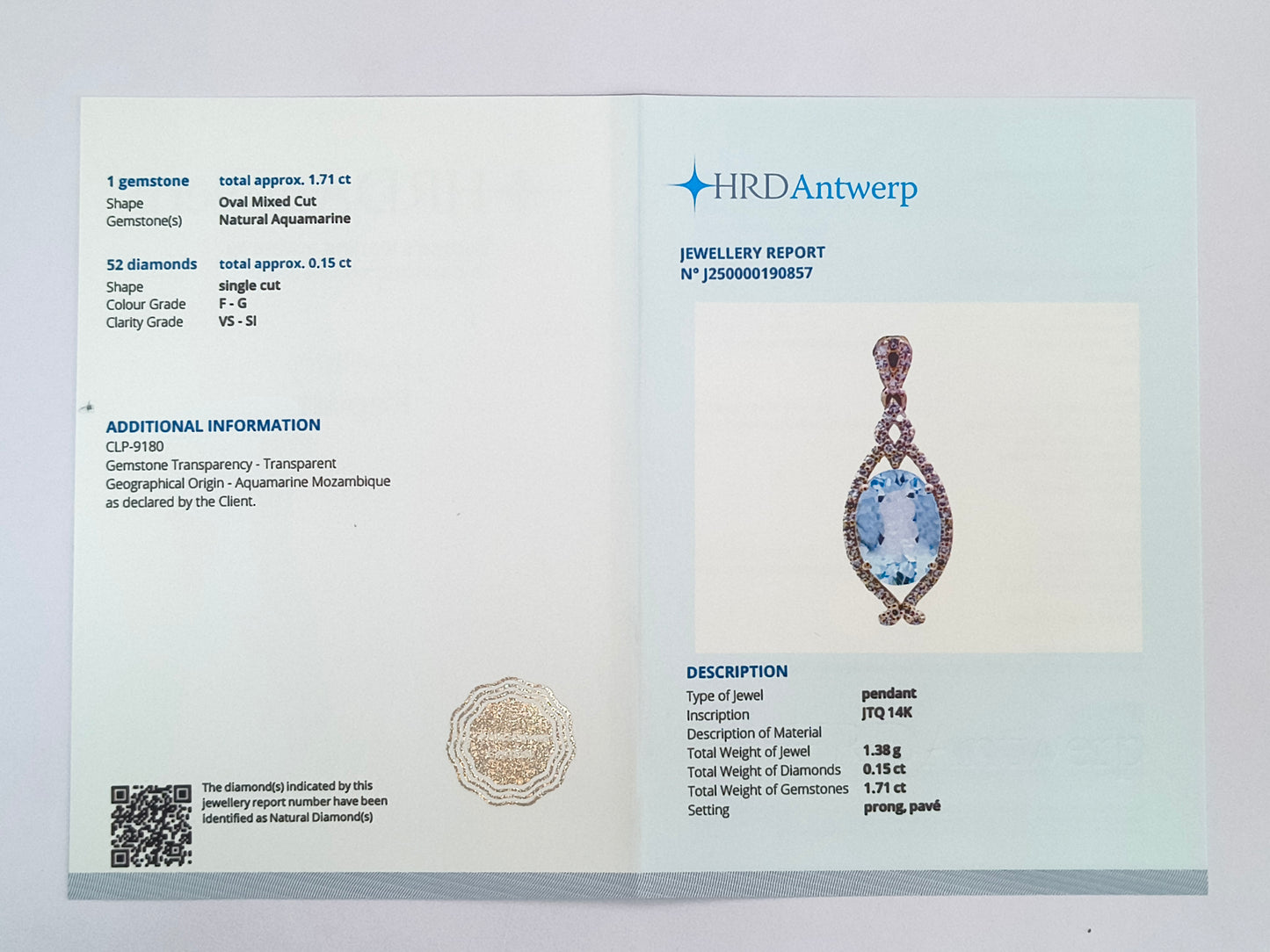 1.86 Ct Oval Mixed Cut Natural Aquamarine 14K Gold Pendant