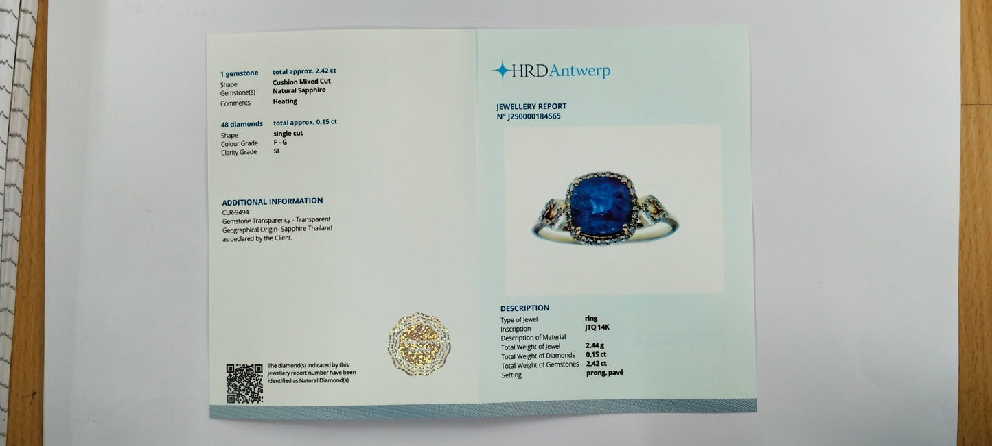 2.57 Ct Cushion Mixed Cut Natural Sapphire 14K Gold Ring