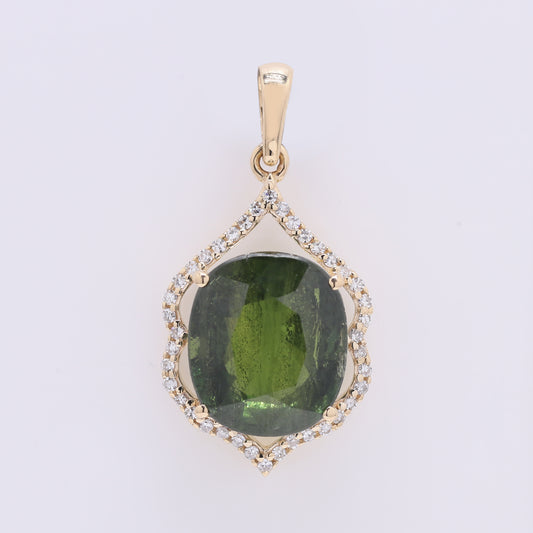 5.23 Ct Cushion Mixed Cut Natural Green Sapphire 14K Gold Pendant