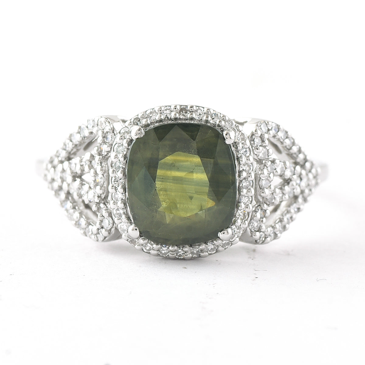 2.80 Ct Cushion Mixed Cut Natural Green Sapphire 950 Platinum Ring