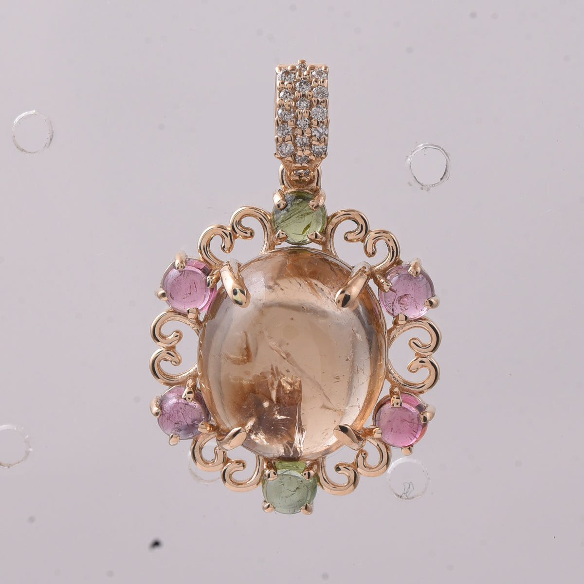 9.22 Ct Oval Cabochon Cut, Round Cabochon Cut Natural Multi-Coloured Tourmaline 14K Gold Pendant