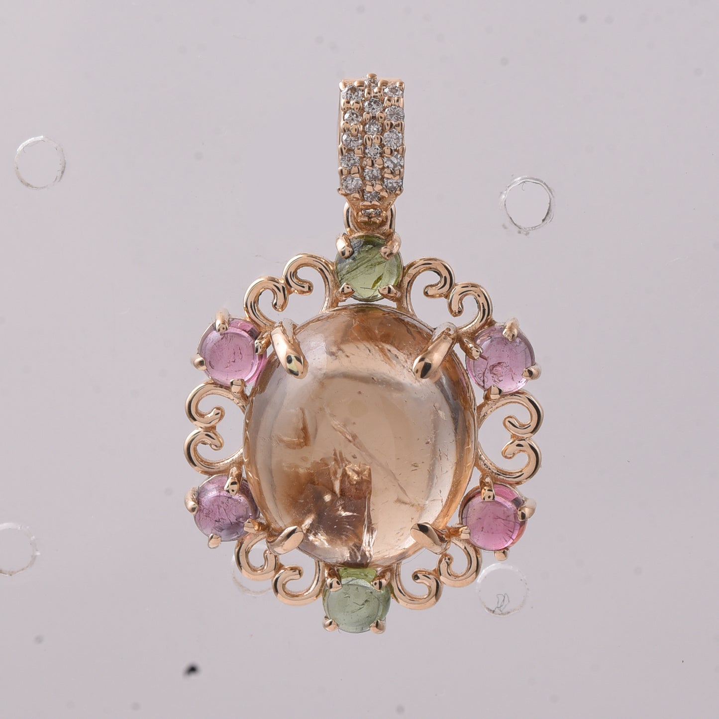 9.22 Ct Oval Cabochon Cut, Round Cabochon Cut Natural Multi-Coloured Tourmaline 14K Gold Pendant
