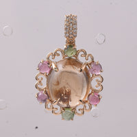 9.22 Ct Oval Cabochon Cut, Round Cabochon Cut Natural Multi-Coloured Tourmaline 14K Gold Pendant