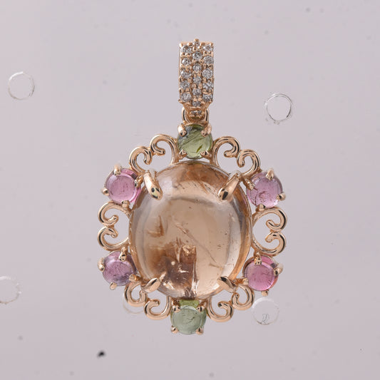 9.22 Ct Oval Cabochon Cut, Round Cabochon Cut Natural Multi-Coloured Tourmaline 14K Gold Pendant