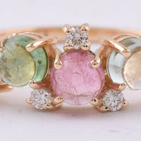 1.83 Ct Round Cabochon Cut Natural Multi Coloured Tourmaline 14K Gold Ring