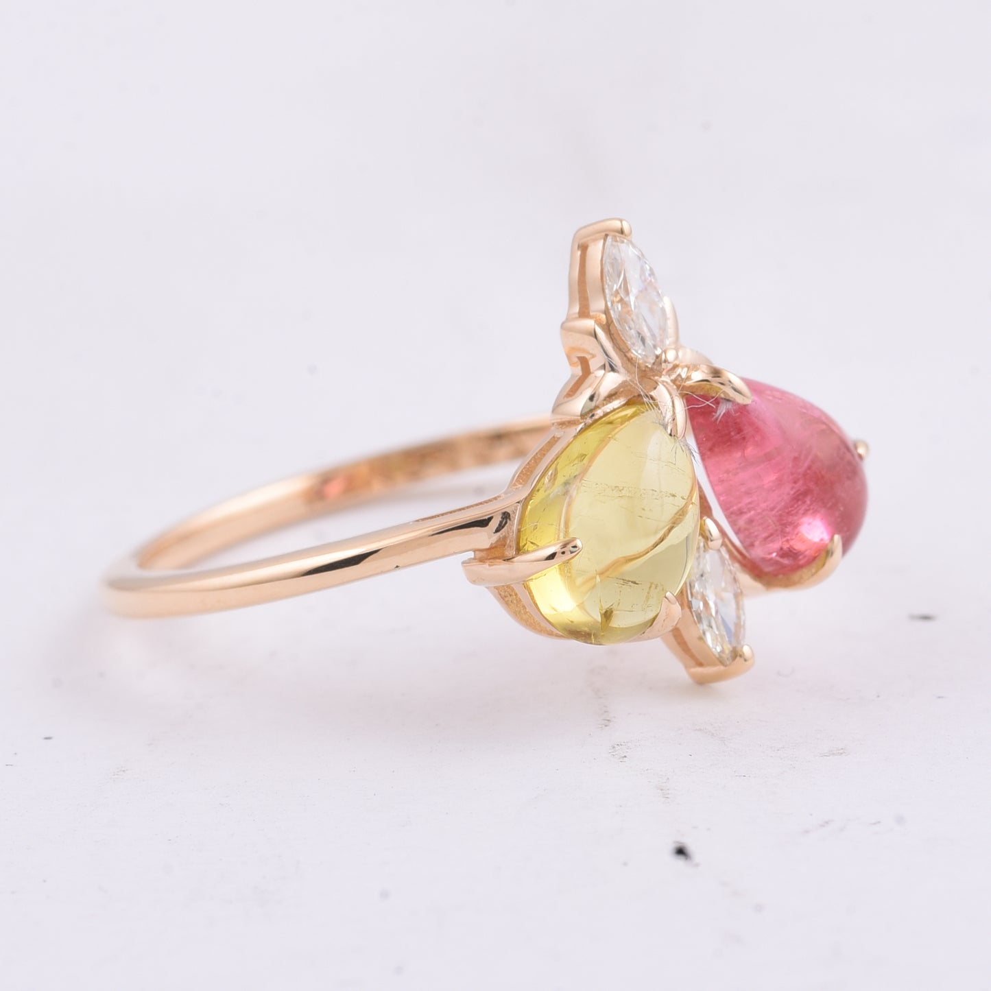 1.86 Ct Pear Cabochon Natural Multi Coloured Tourmaline 14K Gold Ring