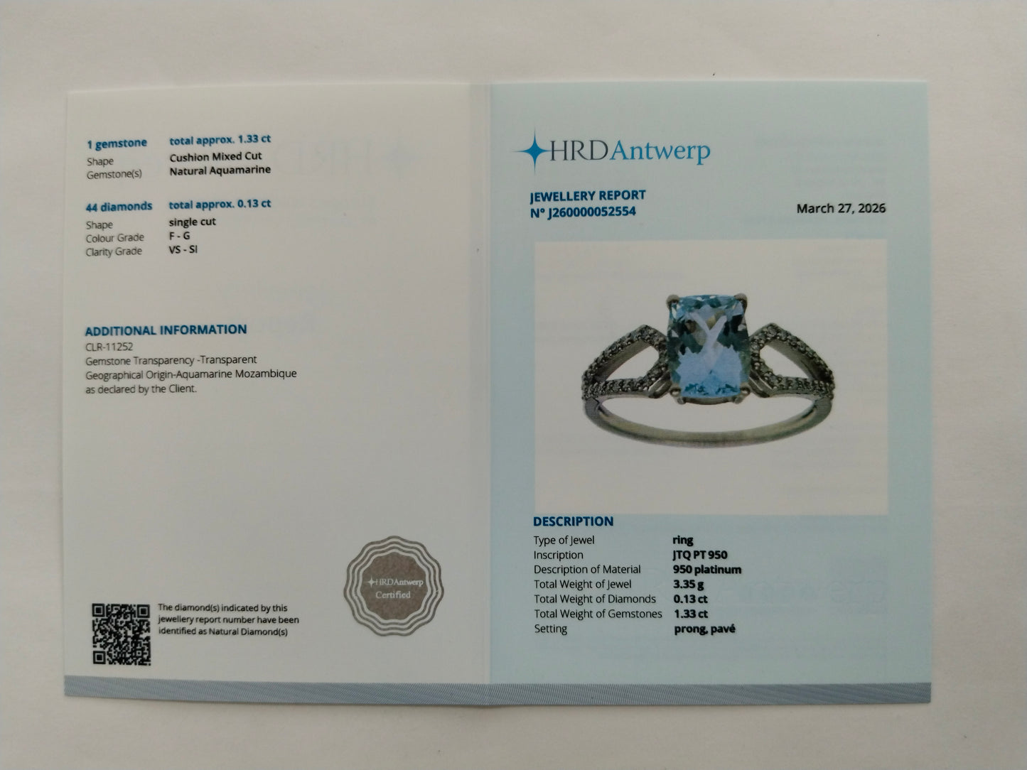 1.46 Ct Cushion Mixed Cut Natural Aquamarine 950 Platinum Ring