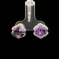 5.06 Ct Oval Amethyst, White Zircon 925 Sterling Silver Earrings