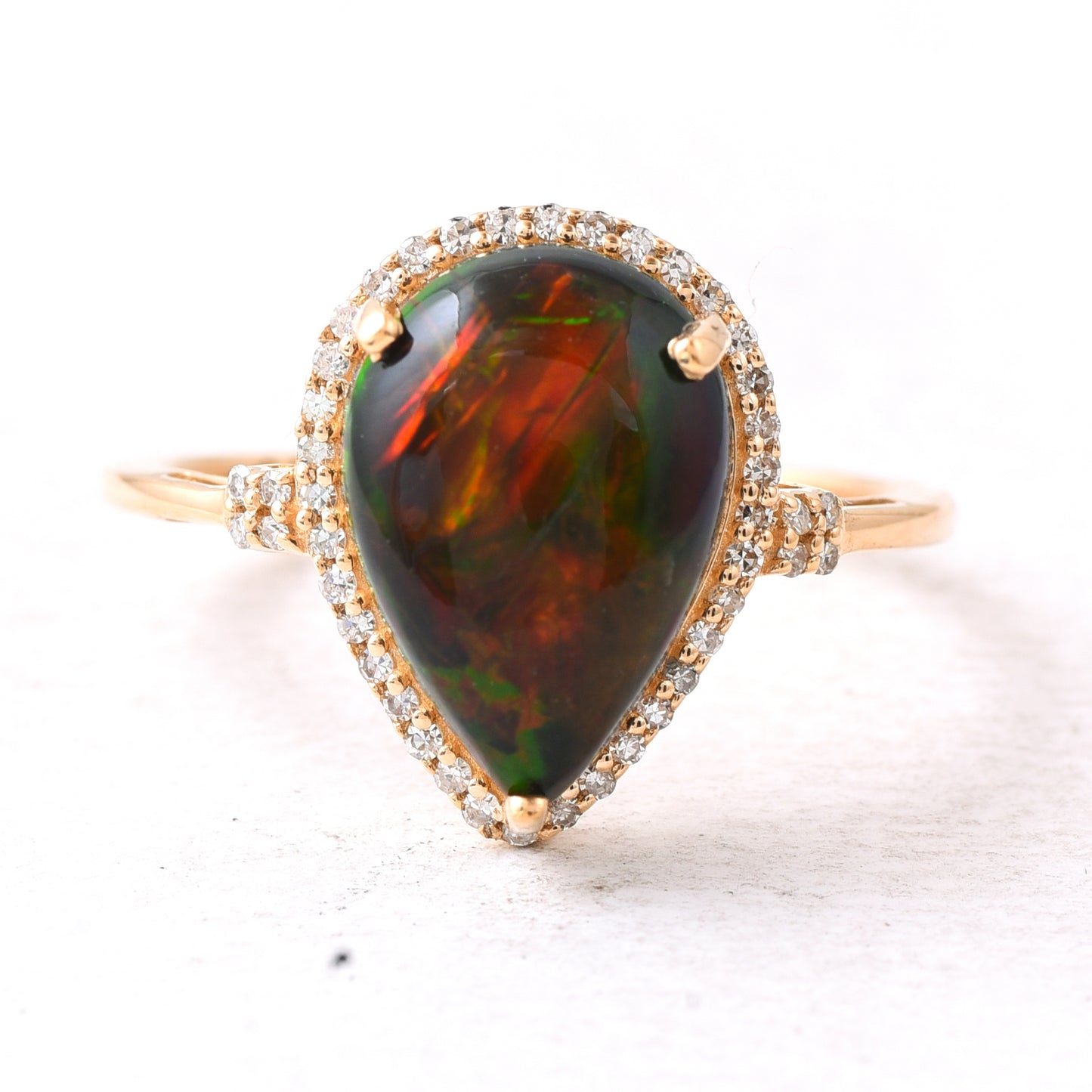 2.69 Ct Pear Cabochon Natural Black Opal 14K Gold Ring