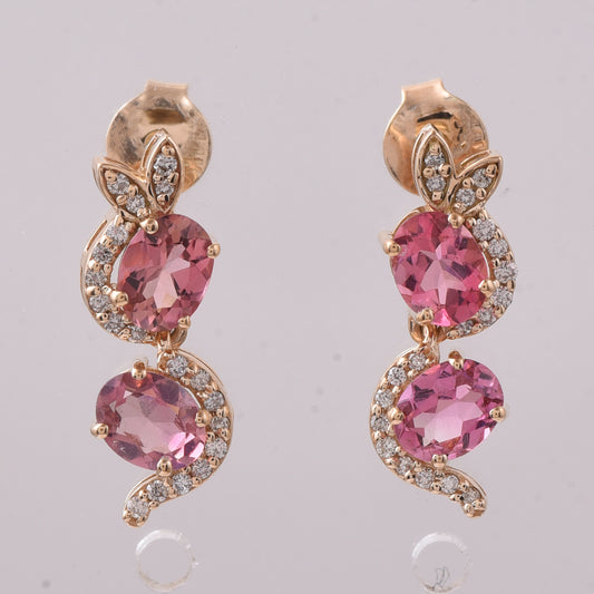 1.28 Ct Oval Mixed Cut Natural Pink Tourmaline 14K Gold Earrings