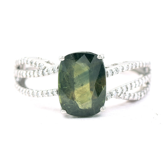 3.16 Ct Cushion Mixed Cut Natural Green Sapphire 950 Platinum Ring