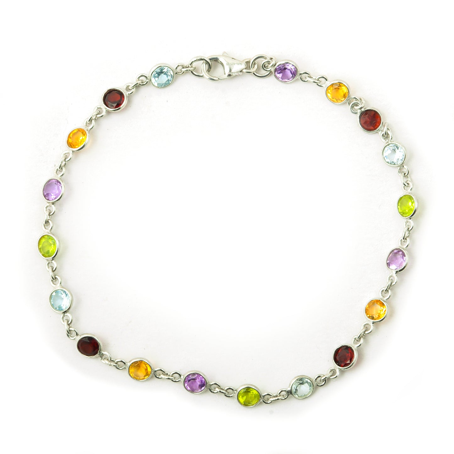 5.58 Ct Round Garnet, Peridot, Blue Topaz, Citrine, Amethyst 925 Sterling Silver Bracelet