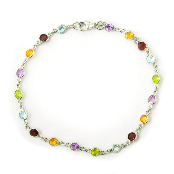 5.58 Ct Round Garnet, Peridot, Blue Topaz, Citrine, Amethyst 925 Sterling Silver Bracelet
